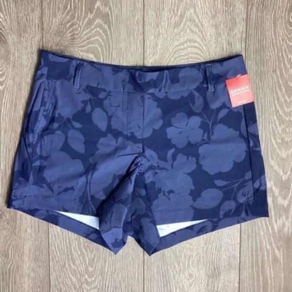 NWT Spanx Sunshine Collection 4” Pull On Shorts Floret Navy 4 Way Stretch Large - Picture 2 of 6